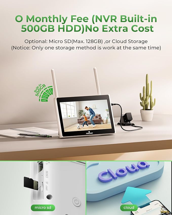 CAMCAMP Solar Security Cameras Wireless Outdoor with 10" Monitor, 10CH NVR 2K Solar Home Security Camera System with 360° Color Night Vision,2-Way Audio,500GB Local Storage,No Monthly Fee,No Need WiFi