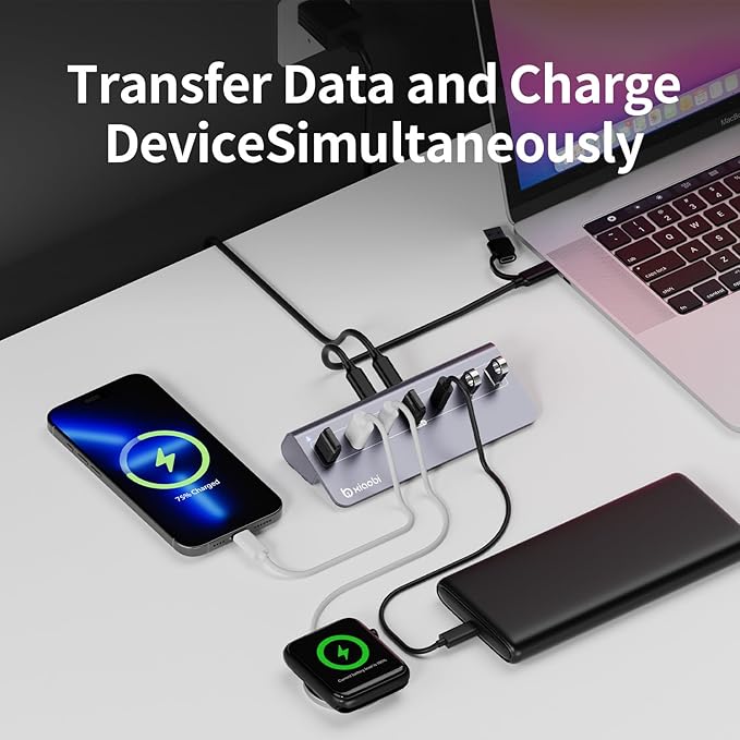 USB C Hub,Powered USB Hub with 5V 3A Power Adapter, 10Gbps USB Splitter with 4 USB-A and 3 USB-C Ports, 7-Port Type C Multiport Adapter for MacBook Air/Pro, iPhone 16/15, Laptop and More