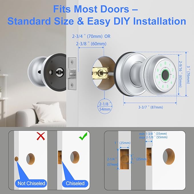 5-in-1 Smart Door Knob, Fingerprint Door Knob with App Control, Smart Fingerprint Door Lock,Auto Lock, Ideal for Home, Bedroom, Office, Chrome