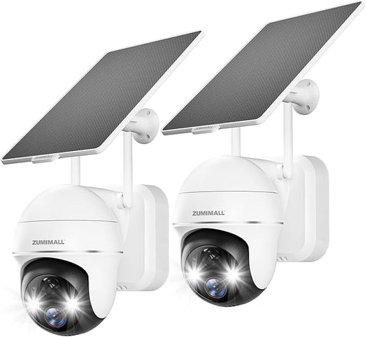ZUMIMALL Security Cameras Wireless Outdoor - 2 Packs, 360°View Outdoor Camera Wireless Solar Powered,2.4G WiFi, Spotlight/Siren//3MP Color Night Vision/AI Detection/IP66/Cloud/Alert, Work with Alexa
