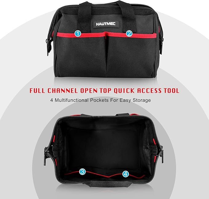 HAUTMEC 12 Inch Tool Bag, 1680D Oxford Fabric Wide Mouth Tool Organizer with Double Zipper, Compact Utility Tote with Non-Slip Base & Multiple Pockets, Small Tool Storage – HT0286