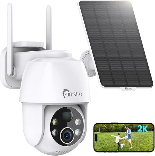 2K Solar Security Cameras Wireless Outdoor, WiFi Cameras for Home Security Battery-Powered, 360° PTZ, 3MP Color Night Vision, Two-Way Audio, Alexa/Google Assistant, 2.4Ghz Only
