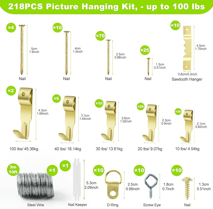 Picture Hanging Kit, Goodsnova Picture Hanging Tool with Level for Easy Marking Position, Including 218PCS Instaframe Hanging Kit with Hooks, Nails, Wires, Hammer for Art/ Photos (Green)