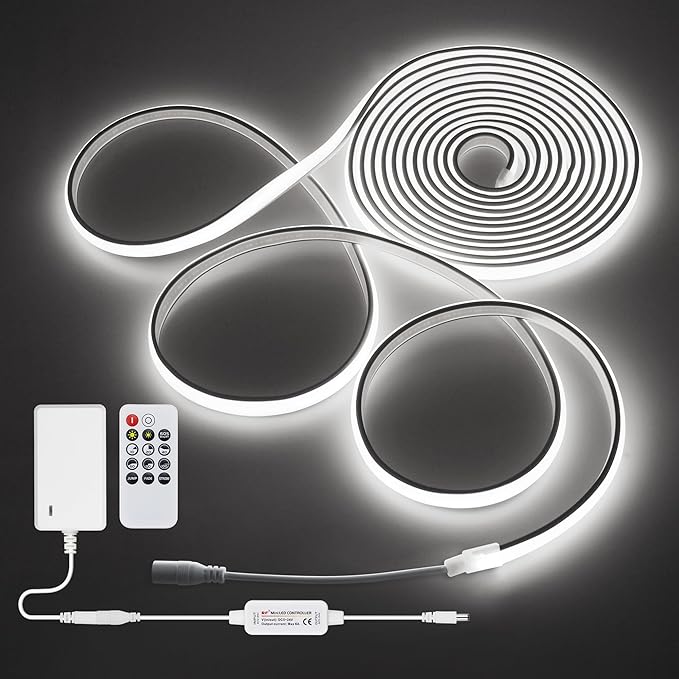 Daylight White LED Strip Lights 16.4FT 24V Waterproof COB LED Strip Kit with Remote Dimmable Flexible LED Tape Light 6000K Uniform Glow 320LEDs/M for Indoor Decor (Adapter are Included)