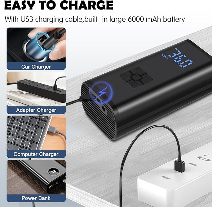 Kairiyard Tire Inflator Portable Air Compressor, 150 PSI Rechargeable Auto Air Pump for Car Tires 12V DC Electric Cordless Tire Pump with Digital Pressure Gauge for Car Motorcycle Bike Ball