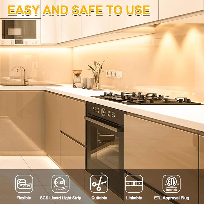 MY BEAUTY LIGHT Motion Activated LED Strip Lights, 32.8ft LED Light Strip with Day or Night 2 Lighting Modes,3 Timing Off Modes,Warm White 12v Plug-in LED Rope Lights for Under Cabinet,Kitchen,Stair