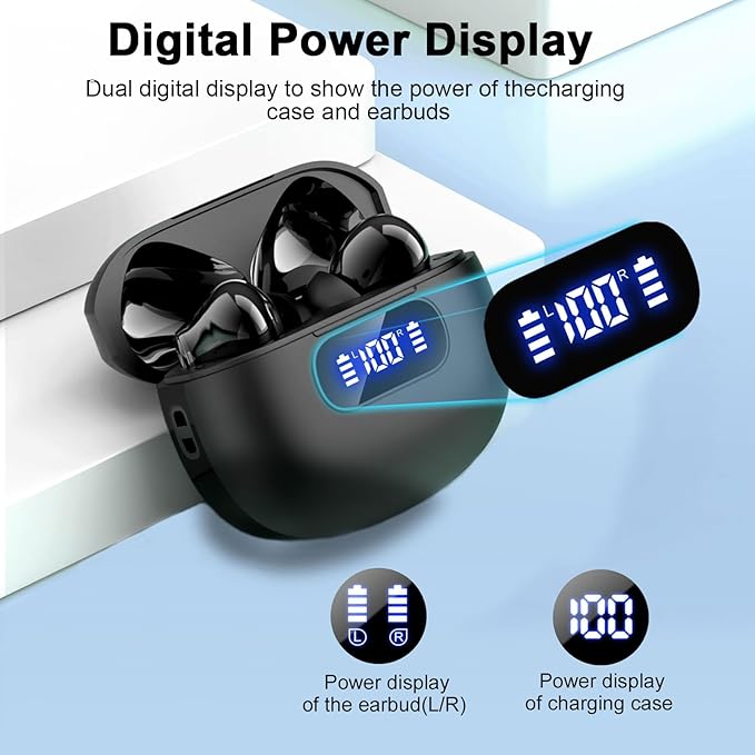 Wireless Earbuds, Bluetooth 5.3 Headphones LED Power Display, 2025 New Wireless Earphones, 4 ENC Noise Cancelling Mic, HiFi Stereo, 48H Playtime Mini Case IP7 Waterproof for Sport Walk