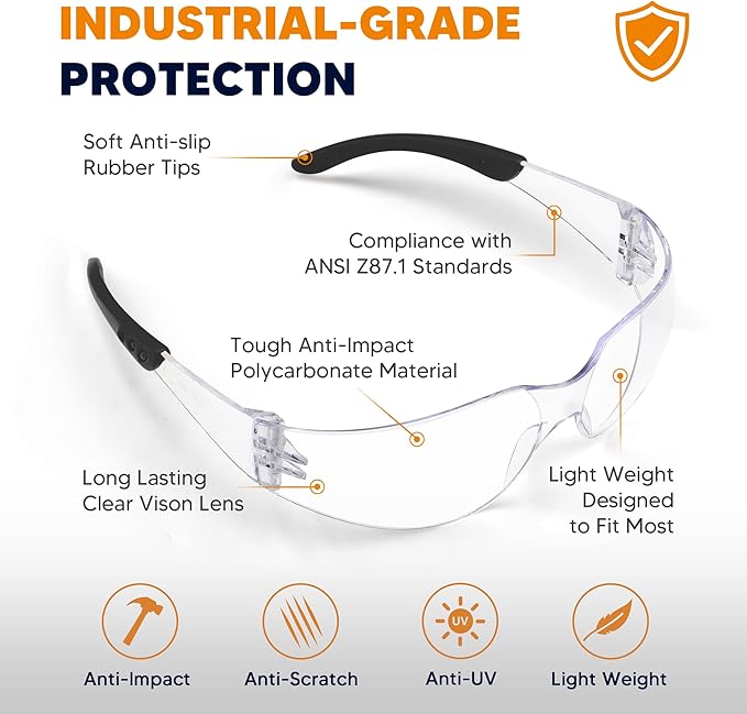 Clear Safety Glasses 24PK, Protective Eyewear Polycarbonate Lens with Rubber Temples ANSI Z87.1 Anti-Scratch Impact Resistant Eye Protection for Work, Lab, Construction Clear Lens/Black Frame