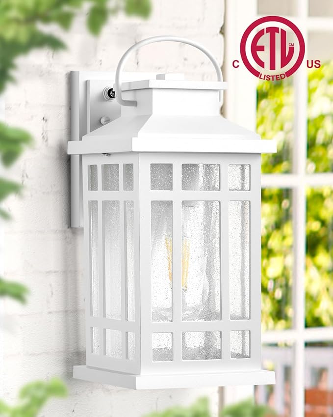 White Porch Lights Outdoor with Dusk to Dawn Sensor, Modern Outside Wall Lights with Seed Glass, Aluminum Waterproof and Anti-Rust Outside Lights for House, Garage, Garden, Entryway, Doorway