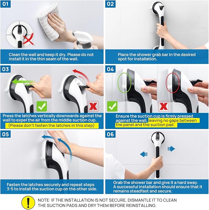 LEVERLOC 2 Pack Grab Bars for Bathtubs and Showers, Easy to Install Suction Shower Handles for Bathroom Removable Handrails for Seniors Elderly Safety Grip Waterproof Drill Free Black