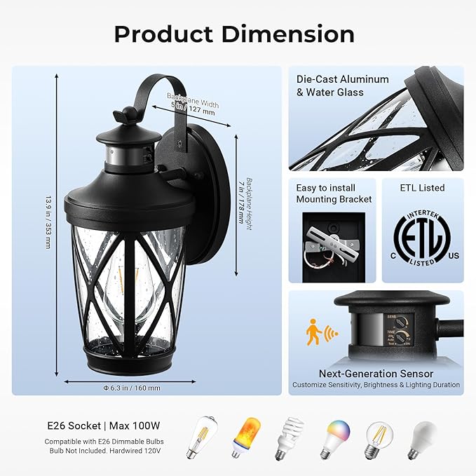 VIANIS Motion Sensor Outdoor Lights, Modern Patio Lights Outdoor Waterproof, Black Exterior Lighting Fixtures Lanterns for House, 100% Aluminum Outside Wall Mount Light Sconce for Garage, Porch, Coach
