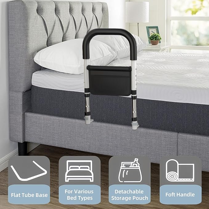 Bed Rails for Elderly Adults Safety, Medical Bed Assist Rail for Seniors, Bed Side Rails for Queen Bed, Height Adjustable Bedside Bed Cane Grab Bar Handle with Storage Bag Fits King Twin Full Size Bed