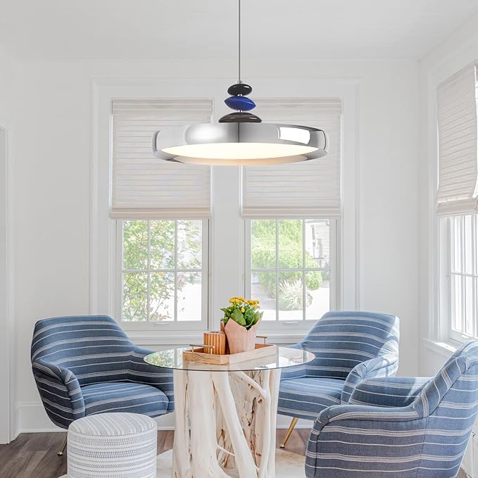 Modern Pendant Lights,Chrome 16" LED Pendant Lighting Fixture with Remote Control Dimmable 3 Color Mode & Brightness, Adjustable Hanging Lamp for Kitchen Dining Room Bedroom Kitchen Island