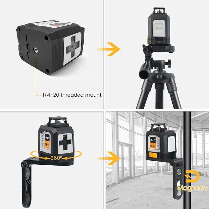 MJF 360° Laser Level with Tripod, Green Self Leveling Cross Line Laser Tool with 4 Brightness Adjustment for Floor Tile Wall Construction, L-Bracket, Batteries & Carry Bag Included