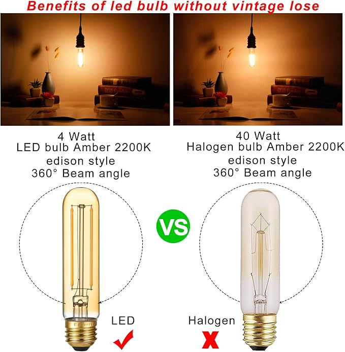 LiteHistory Dimmable T10 LED Bulb 4W Equal E26 Edison Bulb 40 Watt AC120V Tubular Light Bulb Warm White 2200K Amber 250lm E26 LED Bulb for Rustic Pendant,Chandeliers,Wall sconces E26 Light Bulbs 6Pack