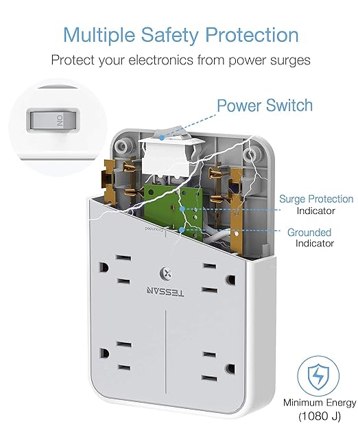 USB Wall Charger, Multi Outlet Extender Surge Protector, TESSAN 6 Electrical Outlets Expander with 3 USB Charging Ports, 1080 Joules Multiple Plug Splitter for Bathroom Dorm Room Office