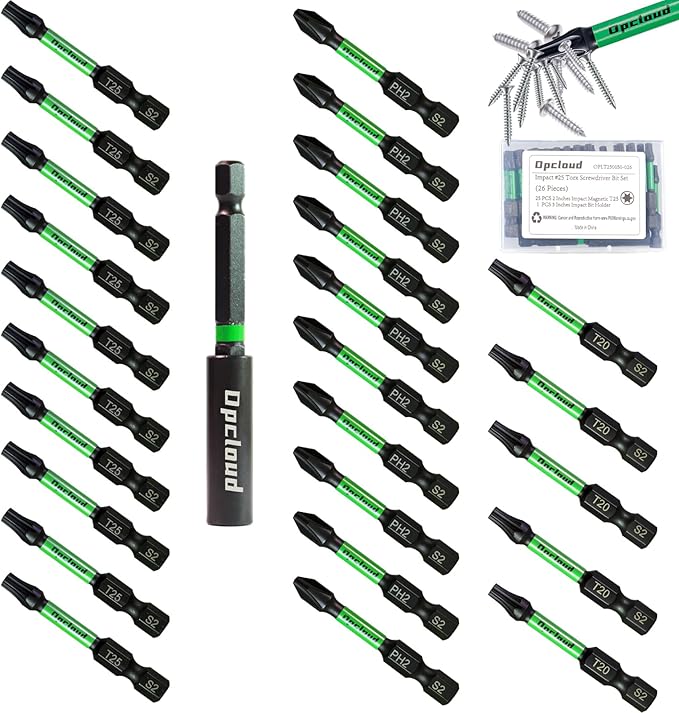 Impact Screwdriver Bit Set, 26 Pieces 2” PH2/T25/T20 Magnetic Tips Driver S2 Steel Power Bit Set with Extension Impact Bit Holder