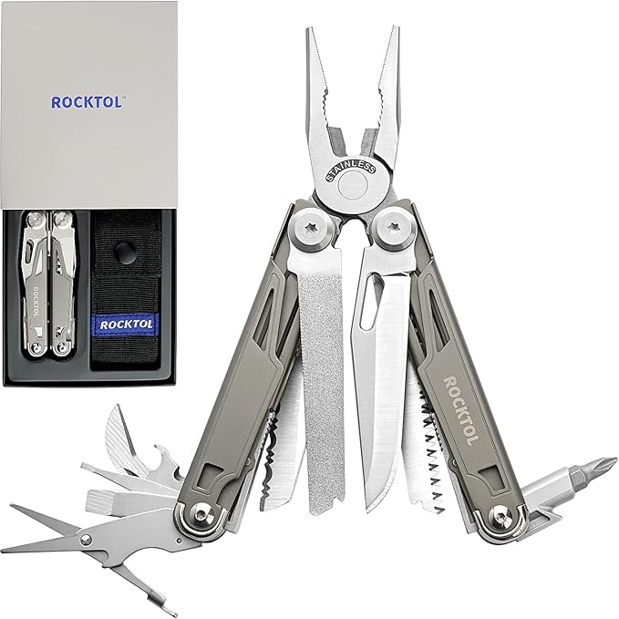 Multitool,19-in-1 Multitool Pliers with Titanium-plated Handle, Safety Locking, Lightweight EDC Tool and Nylon Sheath for Men,Outdoor Survival,Hiking,Camping