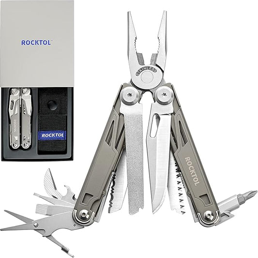 Multitool,19-in-1 Multitool Pliers with Titanium-plated Handle, Safety Locking, Lightweight EDC Tool and Nylon Sheath for Men,Outdoor Survival,Hiking,Camping