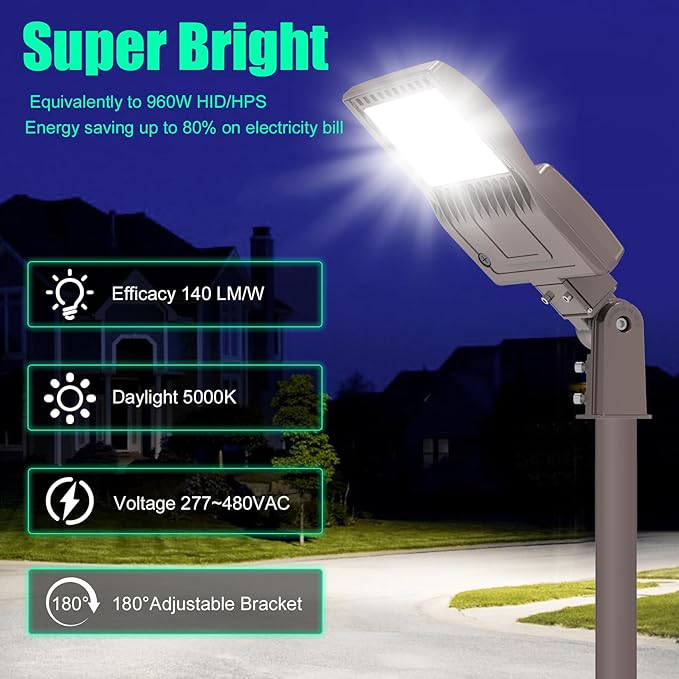 BBESTLED 480 Volt Commercial Parking lot LED Lights 240W 33600LM 5000K IP65 DLC Listed, 450V LED Stadium Flood Light for Street Industries Roadways, 347V LED Pole Light Slip Fitter (277-480VAC Input)