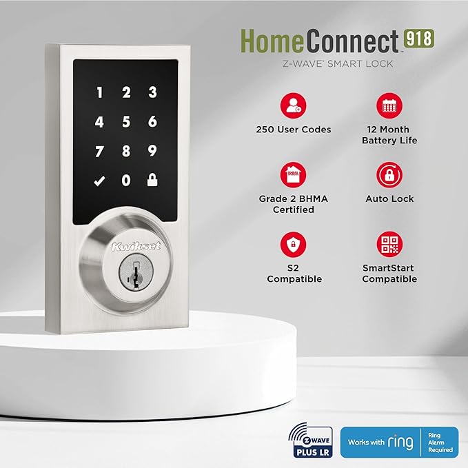 Kwikset HomeConnect 918 Contemporary Z-Wave Long Range Enabled Touch Screen Lock Works with Ring Alarm, Samgsung SmartThings Hub Required, Sold Seperatedly in Polished Chrome