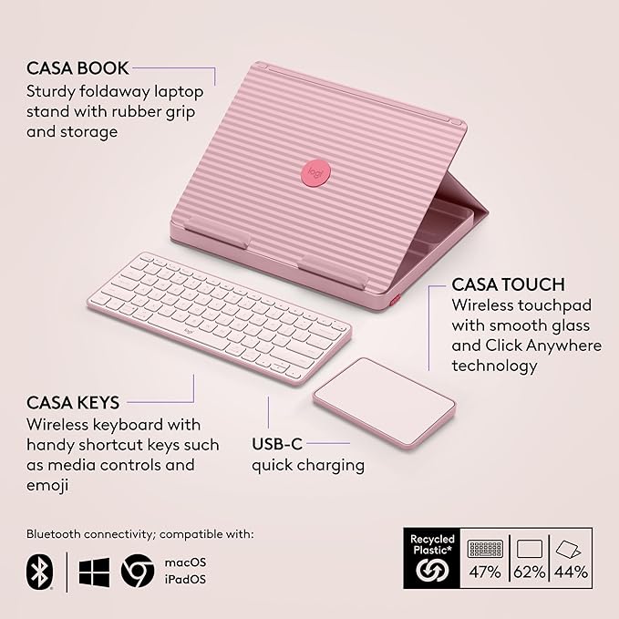 Logitech Casa Pop Up Desk Kit - Adjustable Laptop Stand for Desk, Wireless Keyboard & Touchpad, Bluetooth, USB C Charging, Bohemian Blush, Pink