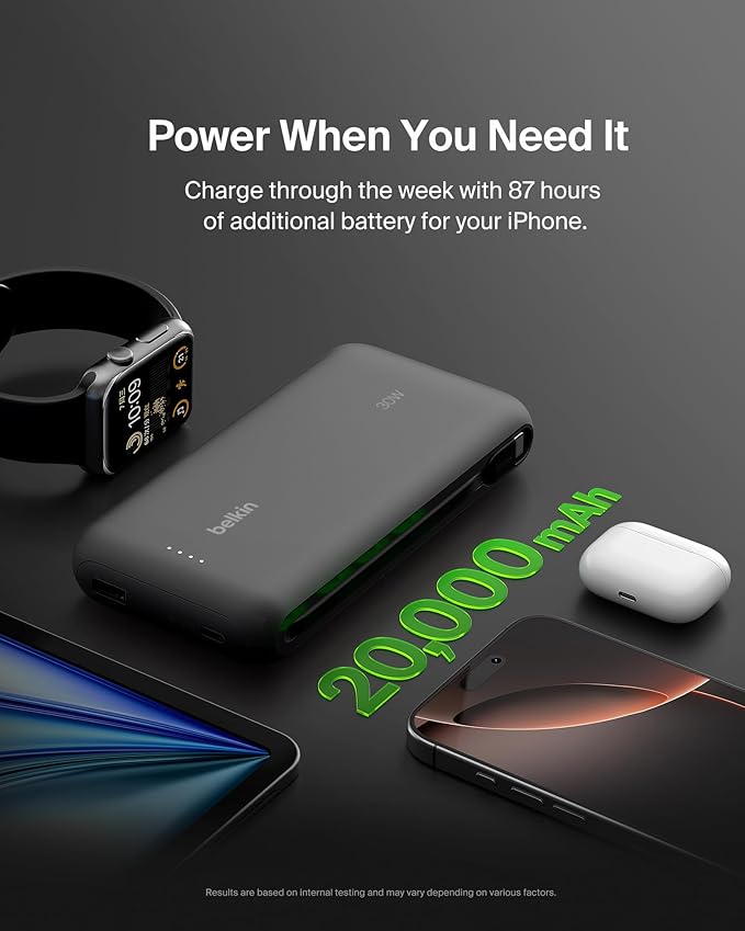Belkin Portable Charger, Power Bank with Integrated Cable 20000 mAh 30W - Fast Charging USB C Power Delivery, iPhone Charger - iPhone 16 Series, iPad Pro, Galaxy S25 Series, & More - Black