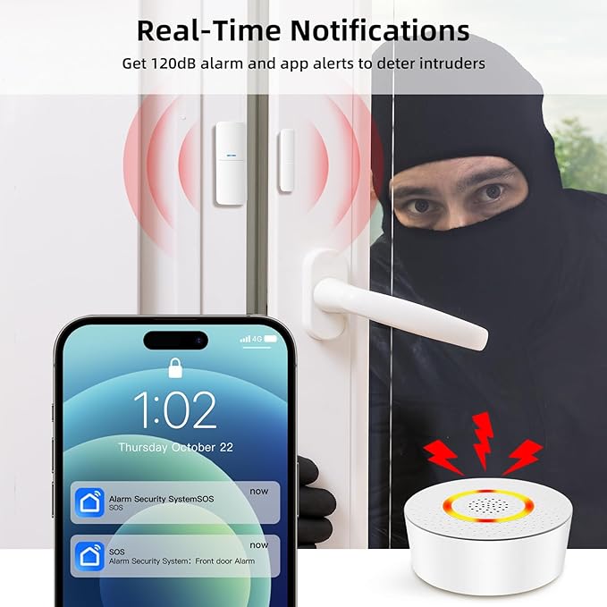 Wireless Alarm System 9 Piece Kit, WiFi Alarm System for Home Security with Phone APP Alert (Alarm Siren, Keypad, Remote, Motion, and Door Sensors) for Home, Apartment, Compatible with Alexa