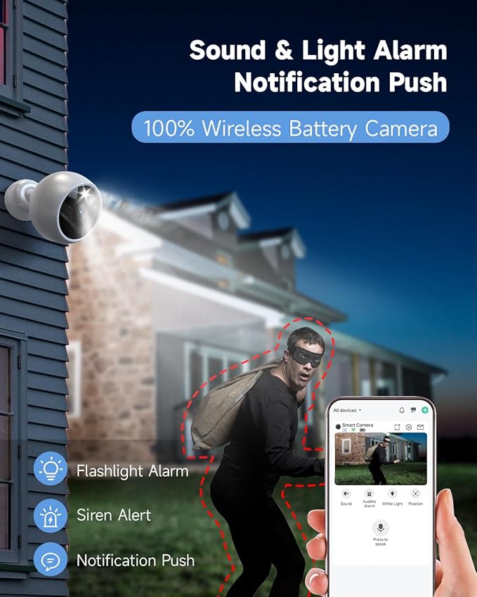 Security Cameras Wireless Outdoor,2K Battery Wireless WiFi Cameras for Home Security,AI Motion Detection,Local SD/Cloud Storage,Smart Home Cam (White 1 Pack)