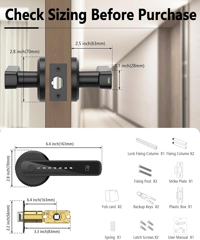 Asidrama Smart Fingerprint Door Lock with Keypad Handle - Keyless Entry via Biometric, APP, Code, Keys & Card for Bedroom, Office, Hotel, Apartment - Black