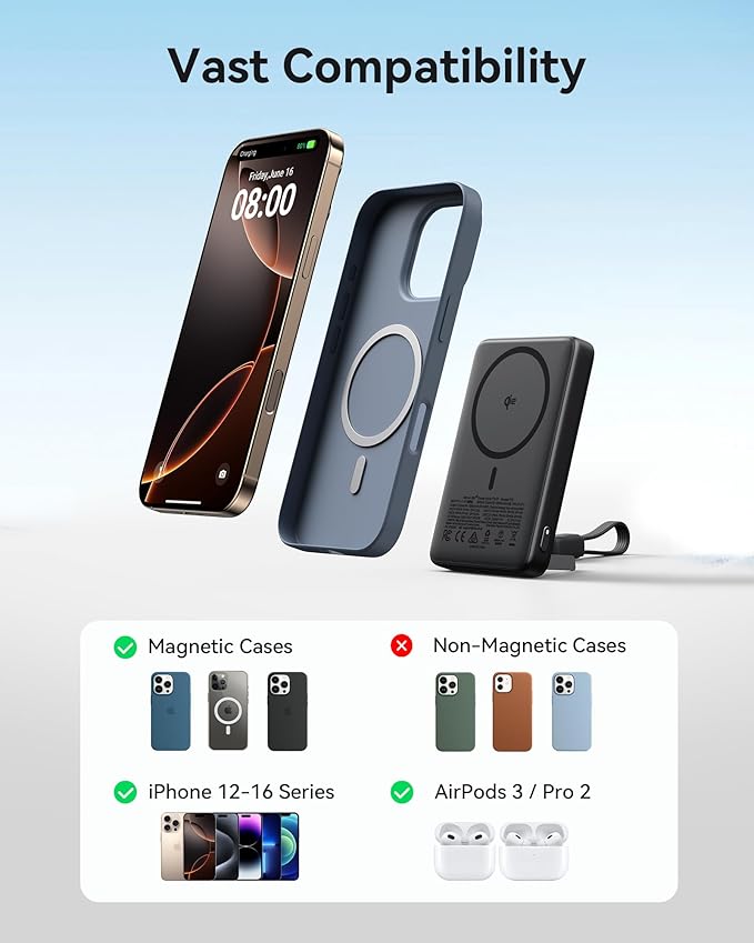 INIU Magnetic Portable Charger, Ultra Slim Qi2 Certified 10000mAh 45W Fast Charging Power Bank, Wireless Battery Pack with Foldable Stand, Phone Charger Only for iPhone 16/15/14/13/12 Series, Blue