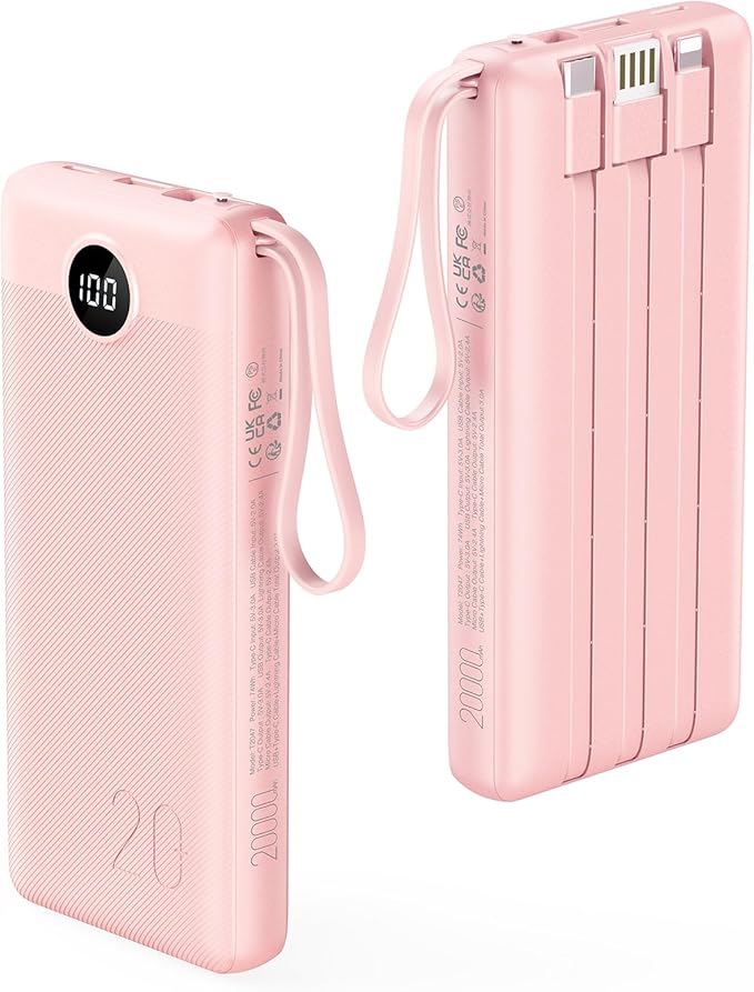VRURC Portable Charger, 20000mAh Power Bank Fast Charging, Built-in Micro & USB C Three Cables, 4 Output 2 Input LED Display Charging Bank for iPhone, Samsung, Android etc-Pink (1 Pack)