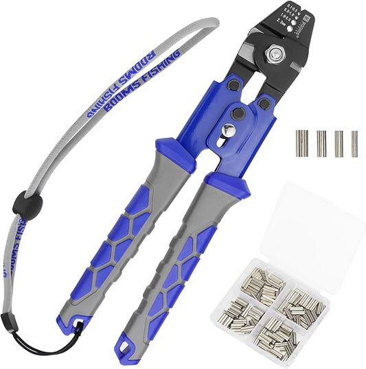 Booms Fishing Crimping Tool Kit: 10.6in Fishing Crimping Pliers with 140pcs Double Barrel Sleeves - Up to 2.2mm Crimper, XW40