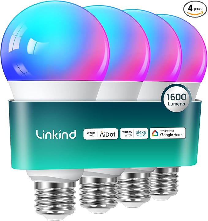 Linkind Smart Light Bulbs, 1600LM (100W Equivalent) Smart Bulb, Work with Alexa & Google Home, RGBTW Color Changing Bulb Music Sync, 2.4GHz Wi-Fi & Bluetooth, LED Alexa Light Bulbs 14W, A21 E26, 4Pack