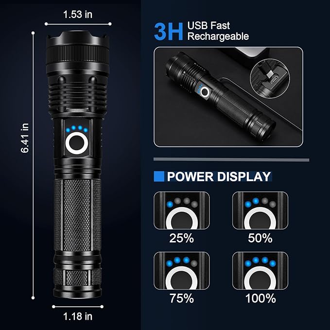 3 Pack Rechargeable Flashlights High Lumens, 99000LM Super Bright LED Flashlight, Adjustable Powerful Flash Light with 5 Modes & USB Cable, Waterproof Handheld Flashlight for Home Camping Outdoor