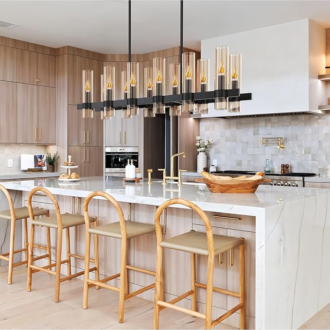 Modern Black Island Rectangle Chandelier with Amber Glass,48” Adjustable Height Modern Linear Light Fixture 12 Light Dining Room Chandelier Over Table for Dining Room Kithen Island