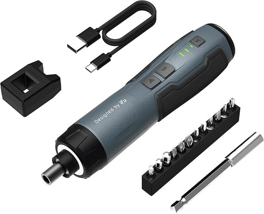 Electric Screwdriver Kit,iFu Power Screwdriver Cordless Rechargeable with LED Light & 12 Magnetic Bits, Electric Screwdriver Set for Daily Furniture Repair, Mounting