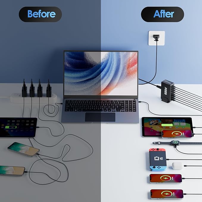 600W USB C Fast Charger Block, 8 Port Charging Station, GaN Ⅲ Multi Port Charging Station Hub for Multiple Devices, Multiport USB Charger Station Compatible with MacBook iPhone iPad Dell