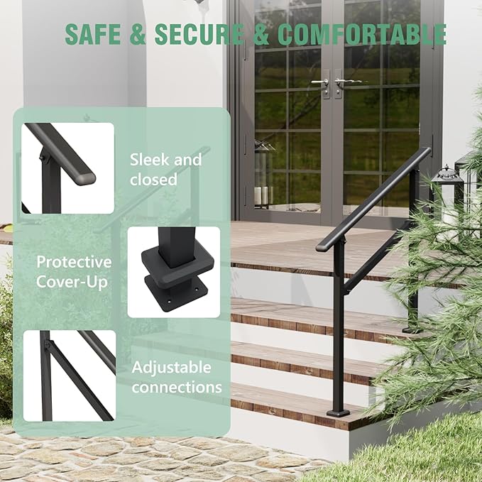 2 Pack Hand Rails for Outdoor Steps,2-3 Step Railing for Stairs,Adjustable Porch Railing,Hand Rails for Seniors,Outdoor Deck Handrails for Exterior Steps,Black