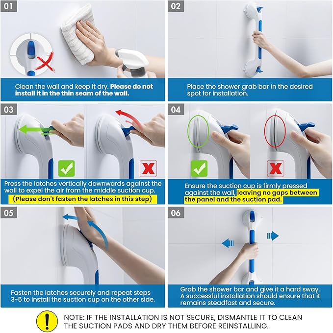 LEVERLOC Grab Bar for Seniors, 17 Inch 2 Pack Suction Grab Bars for Bathtubs and Showers, Shower Handles for Elderly Suction Bathroom Safety Grip,Removable Drill Free Waterproof, Blue