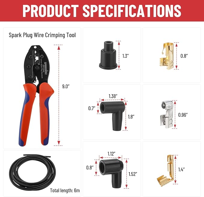 Ratchet Spark Plug Wire Crimping Tool Kit, 180 Degree/90 Degree/Straight Spark Plug Coil Terminals & 24PCS Boots, Ratcheting Wire Crimper Diameter 8.5-8mm (With Spark Plug Wires)