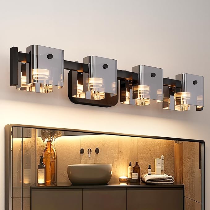 JACKYLED Bathroom Light Fixture, Modern 4-Light Vanity Lights with Art Glass Shades, 3 Color Temperatures LED Bathroom Lighting Fixture Over Mirror, 20W 1200 Lumen 30° Adjustable, Ash Gray Glass