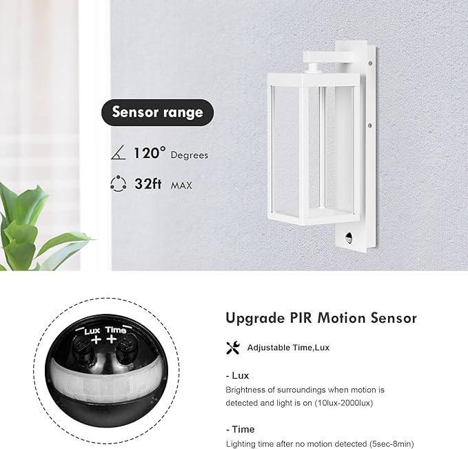 Outdoor Wall Light with Motion Sensor & LED, Waterproof Aluminum Fixture, 750LM 3000K Warm White for Porch Garage Entryway Fence, Exterior Security Sconce Lighting (White)