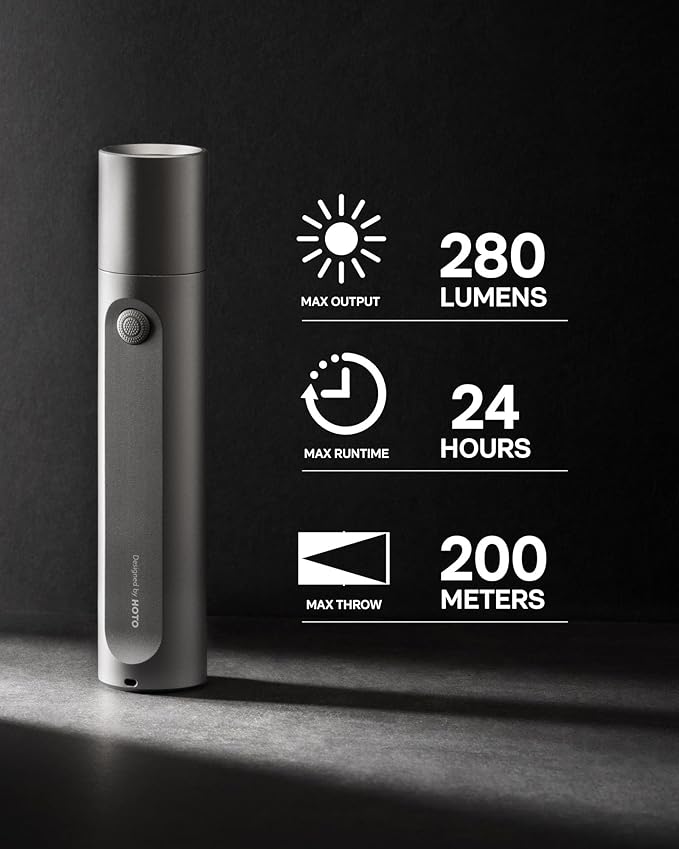 HOTO Flashlight Fit, LED Rechargeable, USB-C Charging, 3 Modes, Up to 24 Hours, 1500mAh, 280 Lumens, 656ft, IP55 Waterproof, Compact Flashlight Widely Used in Camping, Hiking, Emergency