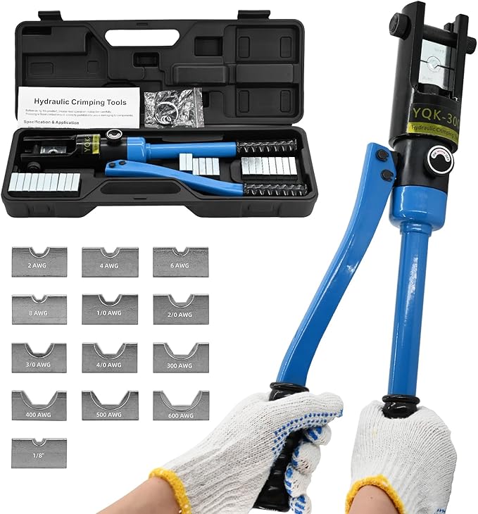 16T Hydraulic Battery Cable Crimper 8 AWG to 600 MCM Hydraulic Crimping Tool Cable Lug Crimper Electrical Terminal Wire Crimper with 13 Pairs of Dies Kit, Blue