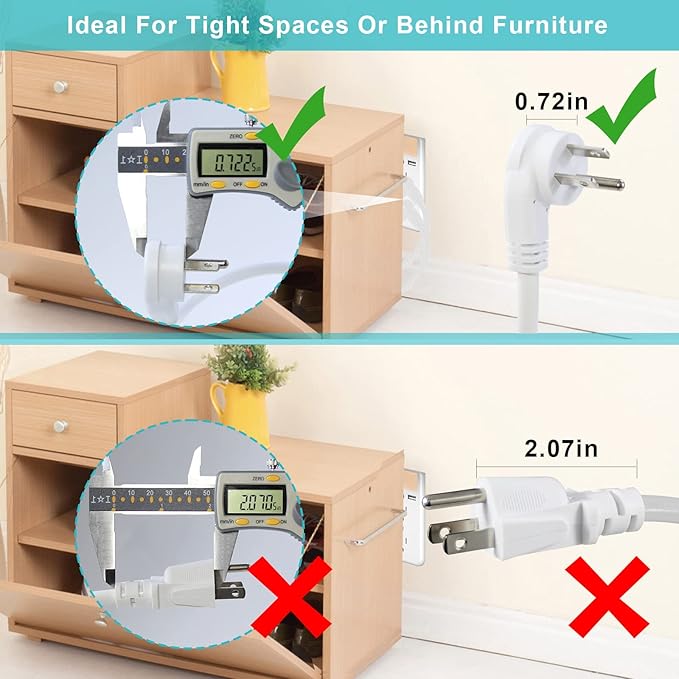 Short Flat Plug Extension Cord 1 Foot- Low Profile Right Angle Flat Plug 1FT Indoor AC Extension Cord White Short 3 Prong Grounded Extension Cord SJT 16AWG Heavy Duty Flexible Power Cord (2 Pack)