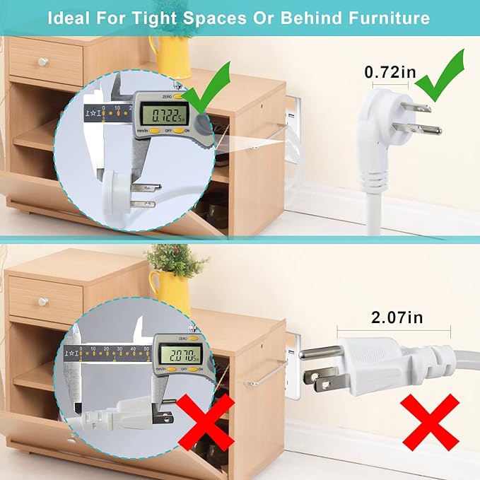 Short Power Extension Cord 1FT - Right Angle Flat Head Extension Cord with 3 Prong White Low Profile Flat Plug 3 Prong Power Cable Single Grounded SJT 16AWG Flexible Power Cord (3 Pack)