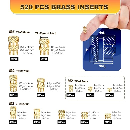 Professional Heat Set Insert Tool Kit: 80W Soldering Iron Heat Insert Tool with 520pcs Brass Inserts & Heat Set Insert Tips (M2-M8) for 3D Printing