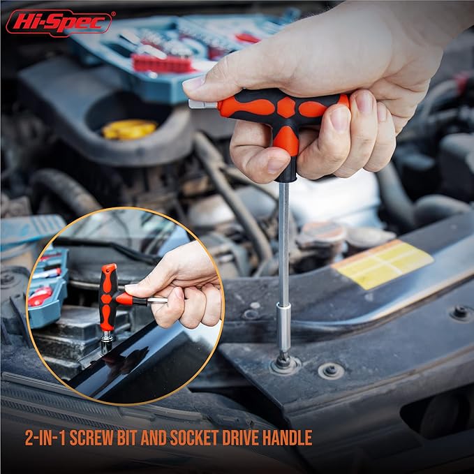 Hi-Spec 65pc Compact Auto Garage Tool Kit Set with Digital Tire Pressure Gauge. Essential Car Vehicle Repair Tools in a Toolbox Case of Screwdrivers, Sockets, Wrench and Magnetic Pickup