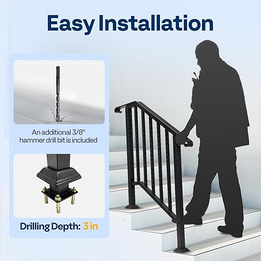 VIVOHOME 2-Pack 3 Step Galvanized Steel Hand Rails for Outdoor Steps – Curved Ends and Safety Balusters Exterior Railing for Porch, Deck, or Indoor Stairs, Complete Installation Kit